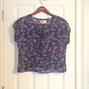So. Sheer Floral Oversize Top, Size L, Blue